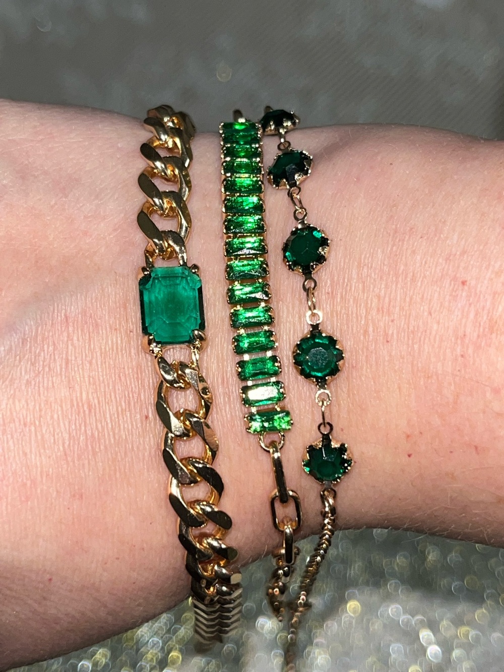 *NEW! Set of Three Gold & Emerald Bracelets
